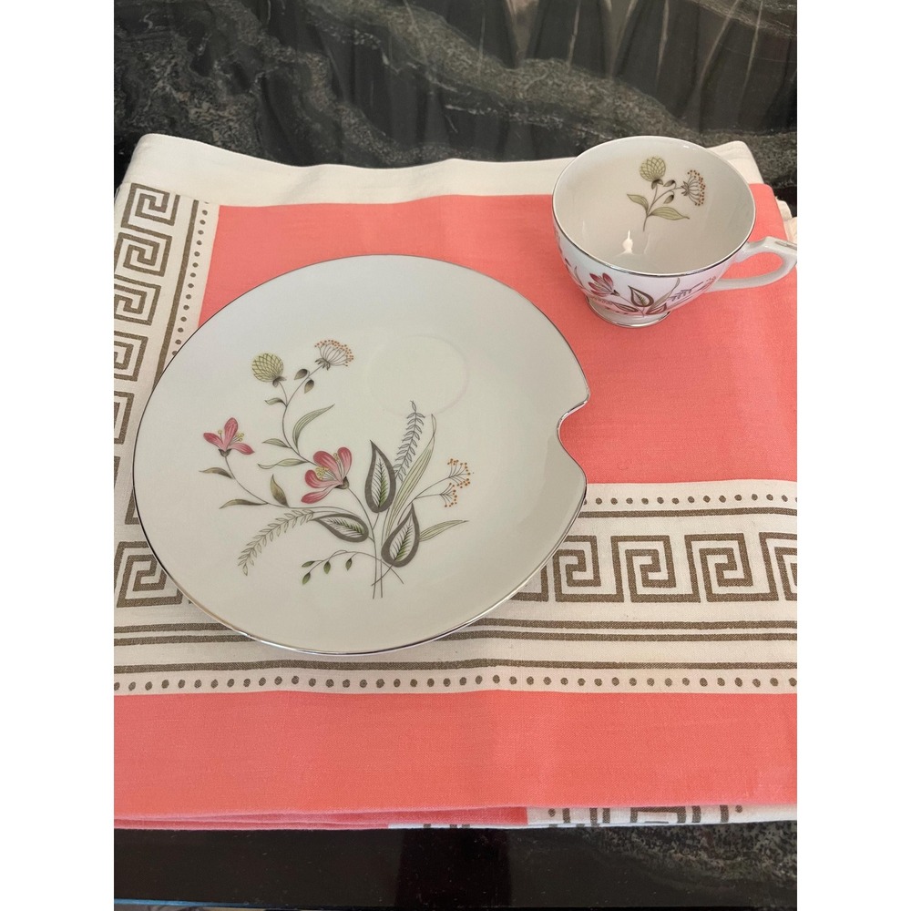 Vintage Lefton China Wildflower Pattern Silver Trim - Snack Set Plate/Cup Set 4